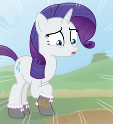 Size: 2900x3200 | Tagged: safe, artist:devfield, rarity, pony, unicorn, atg 2020, bush, clothes, cloud, female, grass, hill, mare, marshmelodrama, motion lines, mud, muddy, newbie artist training grounds, rarity being rarity, ribbon, shadow, shocked, shocked expression, shoes, show accurate, sky, solo, this will end in tears