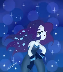 Size: 1280x1460 | Tagged: safe, artist:pinkberryprincess, rarity, equestria girls, the other side, abstract background, bedroom eyes, clothes, ethereal mane, female, gloves, plushie, signature, solo, starry mane, unitard