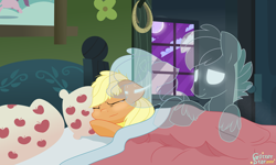 Size: 4840x2896 | Tagged: safe, artist:glitterstar2000, applejack, earth pony, ghost, pony, applejack's parents, bed, bedroom, bittersweet, crying, eyes closed, night, sleeping, window