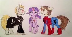 Size: 1024x531 | Tagged: safe, artist:ameliacostanza, derpibooru import, twilight sparkle, twilight sparkle (alicorn), alicorn, earth pony, pony, unicorn, albert wesker, crossover, crossover shipping, marvel vs capcom 3, necklace, peter parker, ponified, resident evil, ruby, spider-man, spiders and magic ii: eleven months, spiders and magic iii: days of friendship past, spiders and magic: capcom invasion, spiders and magic: rise of spider-mane, spidertwi, traditional art