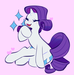 Size: 850x857 | Tagged: safe, artist:sleepy_gills, rarity, pony, unicorn, blushing, both cutie marks, cute, cutie mark, cutie mark background, eyes closed, female, heart, mare, open mouth, pink background, raribetes, simple background, sitting, solo