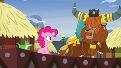 Size: 1280x720 | Tagged: safe, screencap, gummy, pinkie pie, prince rutherford, alligator, earth pony, pony, yak, not asking for trouble, cloven hooves, crown, ear piercing, earring, female, horn ring, jewelry, male, mare, piercing, regalia, sitting