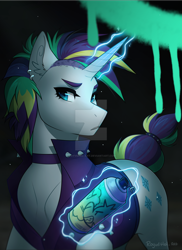 Size: 1920x2642 | Tagged: safe, artist:royvdhel-art, rarity, pony, unicorn, alternate hairstyle, clothes, ear piercing, earring, glowing horn, horn, jacket, jewelry, magic, obtrusive watermark, piercing, punk, raripunk, spray can, telekinesis, watermark