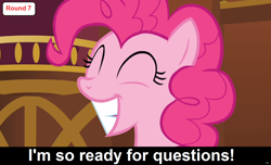 Size: 1600x973 | Tagged: safe, pinkie pie, earth pony, pony, comic:celestia's servant interview, caption, cs captions, eyes closed, female, grin, interview, mare, smiling, solo