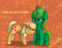 Size: 1308x1020 | Tagged: safe, artist:limedreaming, applejack, oc, oc:lime dream, earth pony, pony, unicorn, accessory swap, chest fluff, female, mare