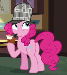 Size: 456x508 | Tagged: safe, screencap, pinkie pie, earth pony, pony, secrets and pies, cropped, deerstalker, female, hat, mare, pipe, plot, sherlock holmes, solo