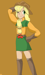 Size: 1024x1691 | Tagged: safe, artist:artfrog75, applejack, human, boots, clothes, cowboy hat, cute, denim skirt, gloves, hat, humanized, simple background, skirt, solo, stetson