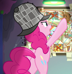 Size: 613x630 | Tagged: safe, screencap, pinkie pie, earth pony, pony, secrets and pies, bulletin board, cropped, party cave, plot