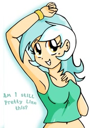 Size: 635x900 | Tagged: safe, artist:quarium, lyra heartstrings, human, armpits, belly button, bronybait, clothes, cute, female, humanized, lyrabetes, short shirt, simple background, smiling, solo, white background