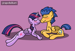 Size: 2058x1392 | Tagged: safe, artist:jrapcdaikari, flash sentry, twilight sparkle, twilight sparkle (alicorn), alicorn, pony, blushing, boop, female, flashlight, male, mare, nose kiss, noseboop, nuzzling, shipping, simple background, straight