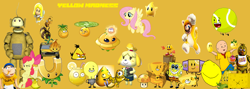 Size: 1856x662 | Tagged: safe, artist:drypony198, apple bloom, fluttershy, pegasus, pony, acid lemon, angry birds, banana, banana launcher, battle for dream island, bee movie, beehive, bfdi, boomboxer, caillou, cat mario, cheese, chessy (ii2), chica, chuck, crossover, five nights at freddy's, food, gold leaf, gold magnet, inanimate insanity, isabelle, jeffy, kernel-pult, laa laa, lemon, lightbulb, loquat, loquat (pvz2), luma, masheen (nfm2), pac-man, pineapple, pineapple (pvz2), plants vs zombies, plants vs zombies 2: it's about time, popcorn, saucer (pvz2), solar tomato, spongebob squarepants, spongy (bfdi), sun bean, sun-shroom, super paper mario, supermariologan, tennis ball, tennis ball (bfdi), trophy, trophy (ii2), yellow face (bfdi)