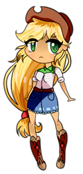 Size: 329x688 | Tagged: safe, artist:gummythedonut, applejack, equestria girls, boots, chibi, clothes, cowboy boots, cowboy hat, cute, denim skirt, freckles, hat, skirt, solo, stetson