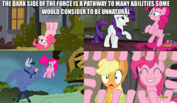 Size: 834x486 | Tagged: safe, edit, edited screencap, screencap, applejack, iron will, pinkie pie, rarity, earth pony, pony, unicorn, a friend in deed, hearthbreakers, putting your hoof down, the saddle row review, bush, caption, emperor palpatine, image macro, in which pinkie pie forgets how to gravity, meme, pinkie being pinkie, pinkie physics, pinkiecopter, revenge of the sith, star wars, the force, tree, wat