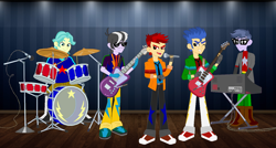 Size: 1024x549 | Tagged: safe, artist:karalovely, brawly beats, flash sentry, microchips, ringo, oc, oc:track sonter, equestria girls, rainbow rocks, background human, flash drive (band)