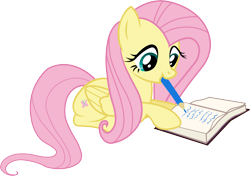 Size: 7503x5291 | Tagged: safe, artist:causenpc, fluttershy, pegasus, pony, filli vanilli, absurd resolution, book, colored pencil drawing, female, journal, mare, mouth hold, simple background, traditional art, transparent background, vector