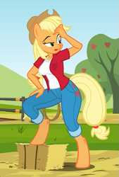 Size: 635x937 | Tagged: safe, artist:flash equestria photography, applejack, anthro, unguligrade anthro, clothes, cowboy hat, hat, hay bale, jeans, looking back, pants, pose, rope, show accurate anthro, solo