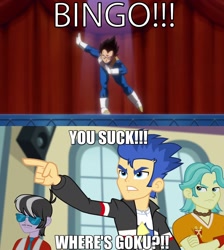 Size: 1280x1426 | Tagged: safe, edit, flash sentry, equestria girls, bingo dance, crossover, dragon ball z, goku, image macro, meme, text edit, unimpressed, vegeta