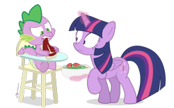 Size: 1000x625 | Tagged: safe, artist:dm29, derpibooru import, spike, twilight sparkle, twilight sparkle (alicorn), alicorn, dragon, pony, carnivore, dragons doing dragon things, duo, female, highchair, mare, meat, salad, simple background, spike don't care about meat, steak, transparent background