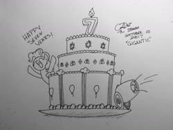 Size: 1280x960 | Tagged: safe, artist:coaldustthestrange, pinkie pie, earth pony, pony, cake, food, happy birthday mlp:fim, mlp fim's seventh anniversary, monochrome, party cannon, solo