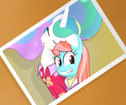 Size: 1024x861 | Tagged: safe, artist:flylash6009, princess celestia, strawberry ice, alicorn, earth pony, pony, between dark and dawn, clothes, cute, cutelestia, duo, female, hawaiian shirt, looking at you, mare, photo, scene interpretation, selfie, shirt, sleeping, smiling