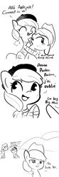 Size: 1280x3840 | Tagged: safe, artist:tjpones, applejack, big macintosh, oc, oc:pommejean, earth pony, pony, beret, clothes, comic, french, funny background event, male, monochrome, not applejack, propositioning, shirt, stallion