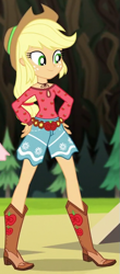 Size: 315x717 | Tagged: safe, screencap, applejack, equestria girls, legend of everfree, belt, boho, boots, camp fashion show outfit, clothes, cowboy boots, cowboy hat, cropped, hat, shoes, shorts, solo