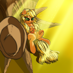 Size: 1500x1500 | Tagged: safe, artist:akayuki, applejack, earth pony, pony, applejack's hat, cowboy hat, crepuscular rays, hair tie, hat, hatless, loose hair, missing accessory, perspective, solo, tree