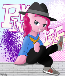 Size: 1200x1400 | Tagged: safe, artist:linlaifeng, pinkie pie, earth pony, pony, female, grin, mare, rapper pie, shoes, sitting, smiling, sneakers, solo