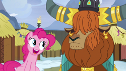 Size: 1280x720 | Tagged: safe, screencap, pinkie pie, prince rutherford, earth pony, pony, yak, not asking for trouble, crown, ear piercing, earring, female, happy, horn ring, hut, jewelry, male, mare, piercing, regalia