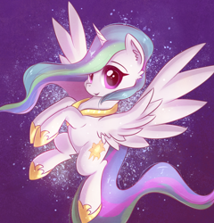 Size: 1524x1587 | Tagged: safe, artist:autumnvoyage, princess celestia, alicorn, pony, abstract background, cute, cutelestia, ear fluff, female, flying, jewelry, mare, regalia, smiling, solo, spread wings, sweet dreams fuel, windswept mane, wings