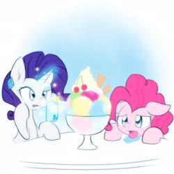 Size: 2048x2048 | Tagged: safe, artist:akainu_pony, pinkie pie, rarity, earth pony, pony, unicorn, cup, duo, food, gradient background, ice cream, iphone, table, tongue out