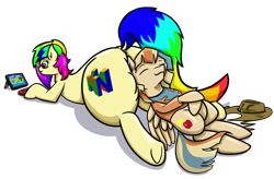 Size: 1280x840 | Tagged: safe, artist:khaki-cap, braeburn, oc, oc only, oc:rainbow tashie, oc:spicy cider, earth pony, pegasus, butt pillow, clothes, commission, commissioner:bigonionbean, controller, cutie mark, earth pony oc, extra thicc, flank, fusion, fusion:spicy cider, huge butt, joycon, large butt, nintendo 64, nintendo switch, pegasus oc, simple background, sleeping, thicc ass, transparent background, underhoof, wind waker (character), wings, writer:bigonionbean, ych result