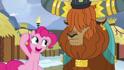 Size: 1280x720 | Tagged: safe, screencap, pinkie pie, prince rutherford, earth pony, pony, yak, not asking for trouble, crown, duo, ear piercing, earring, female, horn ring, hut, jewelry, male, mare, piercing, regalia