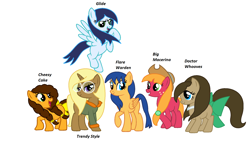 Size: 2036x1166 | Tagged: safe, artist:t-mack56, big macintosh, cheese sandwich, doctor whooves, flare warden, flash sentry, glide, grilled cheese (r63), macareina, soarin', the doctoress, trend setter, trenderhoof, pony, base used, group shot, missing cutie mark, names, rule 63, simple background, white background