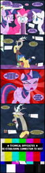 Size: 1024x3860 | Tagged: safe, artist:narflarg, derpibooru import, discord, flash sentry, pinkie pie, rarity, twilight sparkle, twilight sparkle (alicorn), alicorn, earth pony, pony, unicorn, ask, comic, female, fourth wall, mare, test card, tumblr, wat