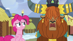 Size: 1280x720 | Tagged: safe, screencap, pinkie pie, prince rutherford, earth pony, pony, yak, not asking for trouble, :c, crown, duo, ear piercing, earring, female, floppy ears, frown, horn ring, hut, jewelry, male, mare, open mouth, piercing, regalia