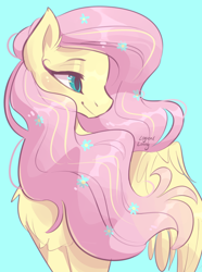 Size: 644x865 | Tagged: safe, artist:logicalloony, fluttershy, pegasus, pony, blue background, bust, chest fluff, female, flower, flower in hair, head turn, lidded eyes, looking away, mare, portrait, simple background, smiling, solo, windswept mane, wings