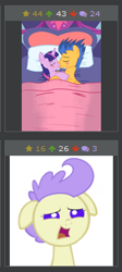 Size: 163x365 | Tagged: safe, artist:3d4d, artist:viraljp, cream puff, flash sentry, twilight sparkle, twilight sparkle (alicorn), alicorn, pony, baby, baby pony, bed, blushing, cuddling, derpibooru, exploitable meme, female, flashlight, juxtaposition, kissing, male, mare, meme, meta, shipping, snuggling, straight, worried