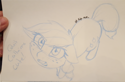 Size: 1280x840 | Tagged: safe, artist:captainpudgemuffin, applejack, earth pony, pony, blushing, cute, fluffy, i'm not cute, jackabetes, monochrome, photo, solo, traditional art, tsundere