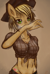 Size: 2000x3000 | Tagged: safe, artist:ixtour, applejack, anthro, alternate hairstyle, belly button, front knot midriff, midriff, short hair, simple background, solo, sweat