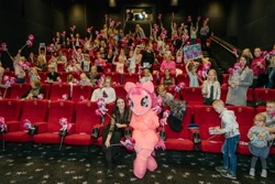 Size: 2048x1365 | Tagged: safe, pinkie pie, my little pony: the movie, cinema, clothes, cosplay, costume, estonia, group photo, irl, multeity, photo, ponysuit, theater, too much pink energy is dangerous