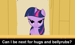 Size: 1600x973 | Tagged: safe, derpibooru import, twilight sparkle, twilight sparkle (alicorn), alicorn, pony, bedroom eyes, bellyrubs, bronybait, caption, cs captions, female, hug request, hugs needed, looking at you, mare, smiling, solo