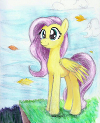 Size: 760x936 | Tagged: safe, artist:astevenamedwolf, fluttershy, pegasus, pony, pixelated, smiling, solo, standing, traditional art, wings