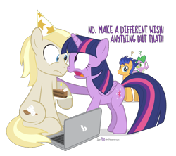 Size: 1080x960 | Tagged: safe, artist:dm29, flash sentry, spike, twilight sparkle, twilight sparkle (alicorn), oc, oc:colin nary, alicorn, dragon, pony, birthday, boop, cake, computer, duo, eye contact, female, frown, hat, hoof hold, laptop computer, mare, noseboop, open mouth, party hat, question mark, raised hoof, simple background, sitting, transparent background, wide eyes