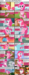 Size: 1282x3304 | Tagged: safe, screencap, marble pie, pinkie pie, earth pony, pony, comic:celestia's servant interview, balloon, cake, caption, comic, cs captions, featureless crotch, female, floppy ears, food, grin, interview, lying, mare, on back, screencap comic, smiling