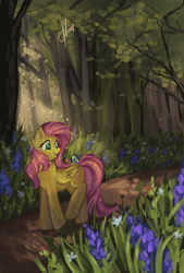 Size: 2700x4000 | Tagged: safe, artist:xjenn9, fluttershy, butterfly, pegasus, pony, crepuscular rays, flower, folded wings, forest, head turn, looking at something, path, scenery, solo, walking