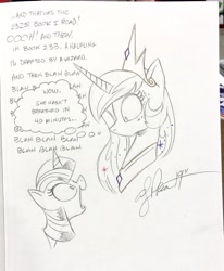 Size: 1688x2048 | Tagged: safe, artist:andypriceart, princess celestia, twilight sparkle, alicorn, pony, book, duo, female, grayscale, jewelry, mare, monochrome, pencil drawing, regalia, signature, simple background, that pony sure does love books, the hobbit, thought bubble, traditional art, white background