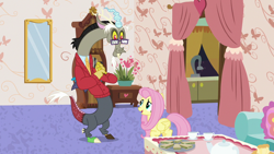 Size: 1280x720 | Tagged: safe, screencap, discord, fluttershy, draconequus, pegasus, pony, discordant harmony, clothes, cup, discord's house, food, glasses, mirror, pants, sandwich, sweater, teacup, teapot