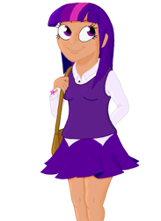 Size: 1024x1396 | Tagged: safe, artist:megaanimationfan, derpibooru import, twilight sparkle, human, bag, clothes, dress shirt, humanized, simple background, skirt, sweater vest, white background