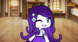 Size: 1080x580 | Tagged: safe, artist:dank_twilightnardo, rarity, equestria girls, clothes, female, gacha life, grin, hairclip, indoors, one eye closed, smiling, solo, wink